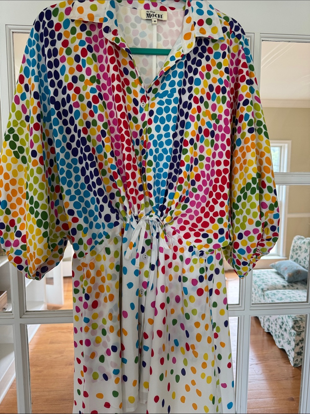 Colorful Polka Dot Drawstring Waist High Low Shirt Mini Dress - All Things Mochi - Picture 4 of 9